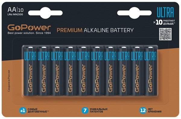 Батарейка 10 шт GoPower ULTRA LR6 AA BL10 Alkaline 1.5V, 00-00026395 00-00026395 - фото 27210