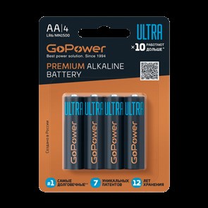 *Батарейка GoPower ULTRA LR6 AA BL4 Alkaline 1.5V (4/40/480), 00-00026394